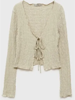 Mango Cotton Textured Cardigan with Bows NWT Light/Pastel Grey Large thumbnail 4