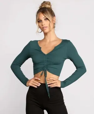 Windsor Teal Ruched Long Sleeve Crop Top thumbnail 1