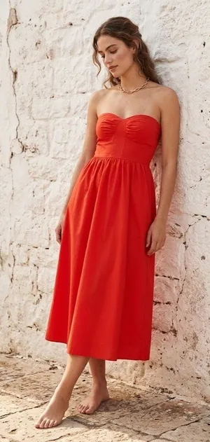 NWT Reformation Buckley in Paprika Red Organic Cotton Strapless Midi Dress 10 thumbnail 1