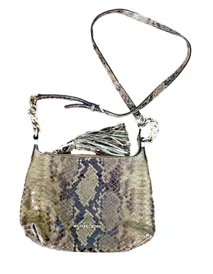Michael Kors Snakeskin Embossed Leather Crossbody Bag Brown Gold Chain Tassel‎ thumbnail 1