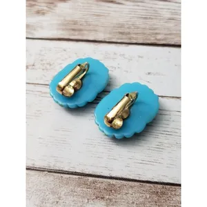 Vintage Clip On Earrings Bright Blue Oval Shape with Wavy Lines thumbnail 3