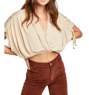 FREE PEOPLE Rachel Silky Top Ivory V-Neck Slinky Jersey Cropped Medium NWOT thumbnail 1