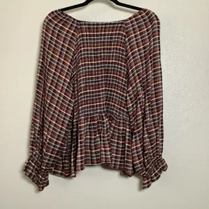 Burgundy Multicolor Plaid Tartan Country Cowgirl Smocked Peasant‎ Blouse 18/20W thumbnail 4