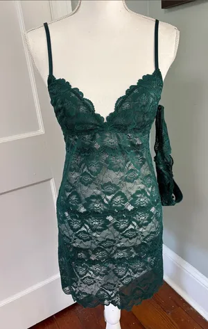 NWT Blush Lace Chemise Slip Nightdress & Matching Thong Panties Forest Green thumbnail 1
