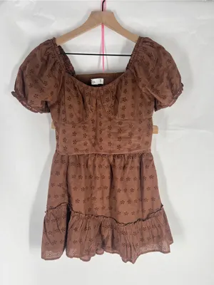 Hollister Brown Eyelet Puff Sleeve Crop Top & Ruffle Mini Skirt Set S/XS thumbnail 2