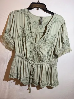 Anthropologie Blue Floral Embroidered Lace V Neck Peplum Blouse Size M thumbnail 3