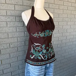 Heart soul Y2K Halter Top Tank Top Brown Blue Embroidered Size XL thumbnail 4