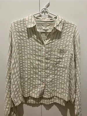 aerie Cream and Green Vertical Stripe Button-Down sleep Shirt NWT thumbnail 1