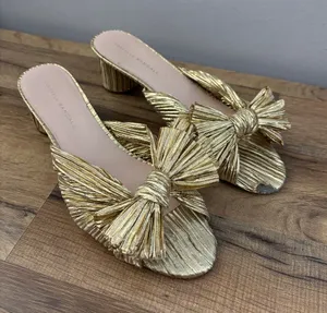 Loeffler Randall Penny Pleated Knotted Bow Heeled Mules Sandals Gold thumbnail 1