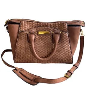 Adrienne Vittadini Woven Cognac Brown Satchel Crossbody Handbag Vegan Leather thumbnail 2