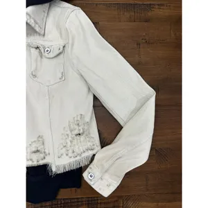 Free People Hoodie Jacket Women XS White Distressed Double‎ Weave Denim thumbnail 8
