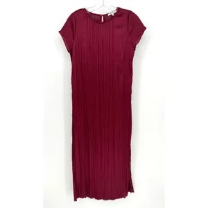 Madewell Short Sleeve Slip Midi Dress Women S Burgundy Plisse Minimalist Holiday thumbnail 6