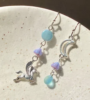 Handmade Czech glass beads whimsical fairy Pegasus & moon dangle earrings 🌙🦄 thumbnail 2