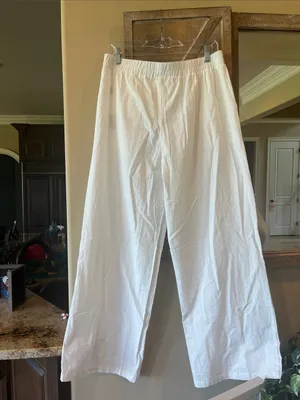 White Cotton Linen Elastic Waist Pull on Pants Women’s Large New thumbnail 3