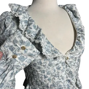 SEZANE Women’s Alexiana Blouse Blue Floral Print Quilted Long Sleeve thumbnail 5