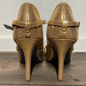 Rebecca Minkoff Penny Heels Mary Janes Scalloped Croc Embossed Gold 6.5 thumbnail 4