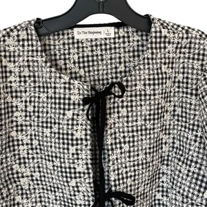 In The Beginning Womens Bria Tie Front Gingham Embroidered Blouse Black Size Lar thumbnail 4