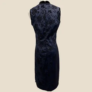 VTG 90s CDC Navy Blue Black Flocked‎ Velvet Floral Mandarin Collar Midi Dress 10 thumbnail 2