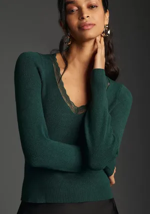 Anthropologie Scallop Lace-Trim Green Long Sleeve Ribbed Sweater Size Small thumbnail 1