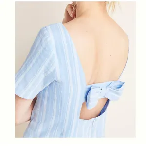 Anthropologie Bow Detail Cape May Linen Cotton Blue Stripe Mini Dress Size 8 thumbnail 3