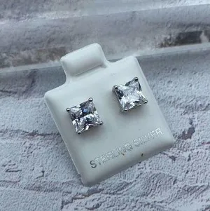 Sterling Silver 6mm Square Clear CZ Stud Earrings thumbnail 1