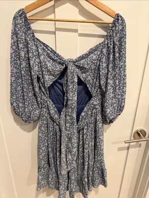 She + Sky Navy Blue ditsy Floral Puff-Sleeve Mini Dress thumbnail 5