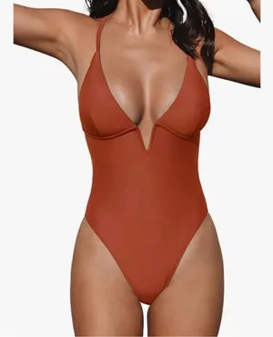 NEW CUPSHE Swimsuit One Piece Bathing Suit Deep V Crisscross Back Adjustable S thumbnail 1