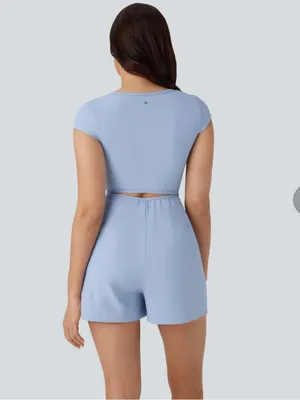 Halara SoftlyZero Airy U Neck Cap Sleeve Pocket Yoga Romper XL blue thumbnail 2