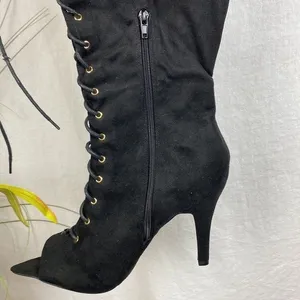 FTF Nadia Black Faux Suede Lace Up Thigh High Heel Boots 11 Wide thumbnail 4