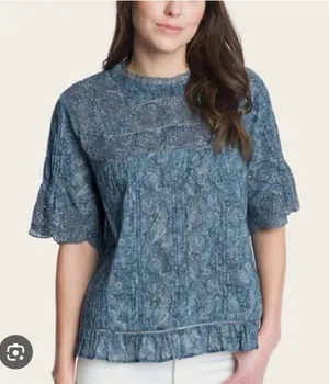 Frye Boho Peasant Eyelet Ruffle Trim Blue Top Size Large. thumbnail 1