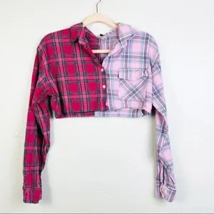 ADIKA‎ Plaid Mismatch Cropped Long Sleeve Shirt Small thumbnail 3