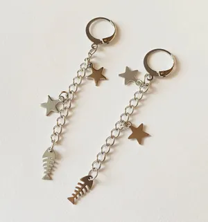 fish bone & star fully stainless steel unique funky dangle earrings🌀🐟💙⭐️ thumbnail 5