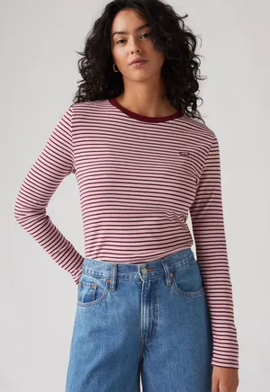 Y2K Style Levis Large‎ Top Long Sleeve Striped Ribbed Knit Essential Crew Neck thumbnail 1