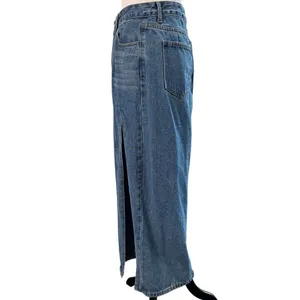 Women’s Blue Denim Maxi Skirt Front Slit Size M Cotton Jean Skirt Long thumbnail 2