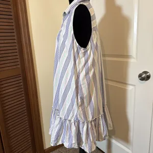 Maeve Anthropologie Womens Medium Striped Sleeveless Ruffle Hem Shirt Dress Blue thumbnail 2