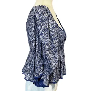 Free People Brittnee Print Smocked Peplum Top – Blue Combo Milkmaid Boho thumbnail 3