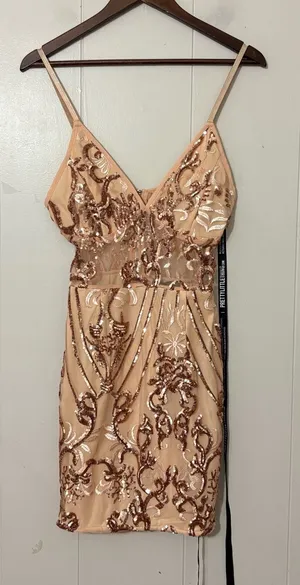 PrettyLittleThing Rose Gold Sequin Sheer Panel Bodycon Mini Dress Size 4 NWT thumbnail 1