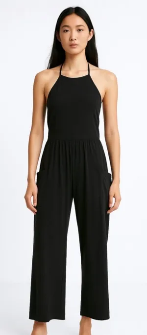 Oak + Fort Women's Black Sleeveless Halter Wide Leg Pockets Romper Jumpsuit Sz L thumbnail 1