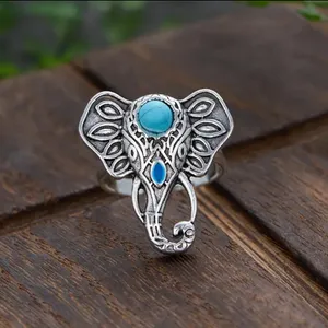Bohemian Elephant Ring with Turquoise Accent Silver Plated‎ Adjustable Open Band thumbnail 7