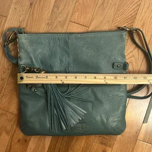 Lucky Brand Teal Leather Foldover Crossbody Hobo Bag Boho Fringe Distressed thumbnail 14
