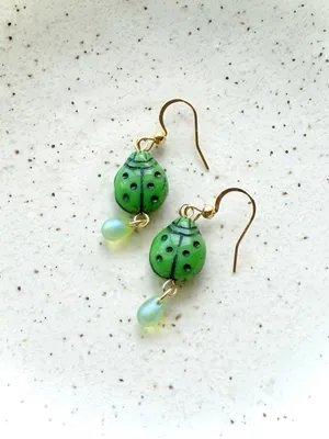 Handmade fairy cute whimsy ladybug dangle earrings💚🐞 thumbnail 1