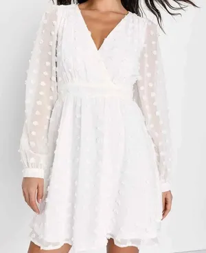 Lulus Always On Repeat White Clip Dot Long Sleeve Mini‎ Dress Sz Medium Chiffon thumbnail 1