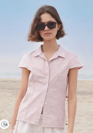 John Galt Button Up Shirt Wmn OS Beige White‎ Pinstripe Preppy Cotton Cap Sleeve thumbnail 1