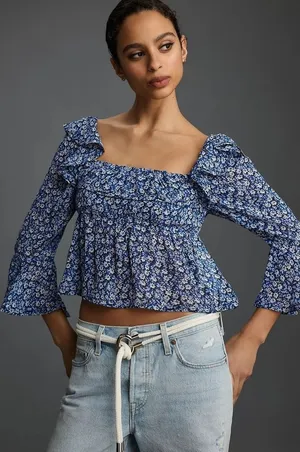 Anthropologie MAEVE Square Neck Sheer Babydoll Top Blue White Floral Large‎ thumbnail 1