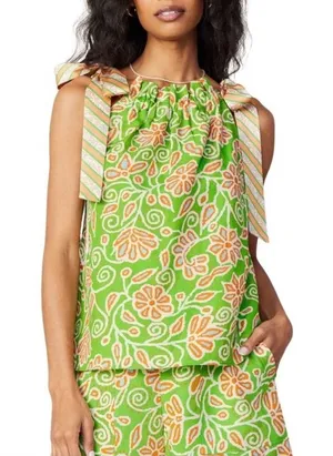 Current Air Los Angeles Perfect Harmony Floral Linen Blend Halter Top‎ Green S thumbnail 1