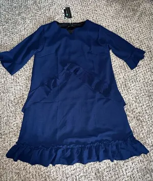 NWT Women’s Cherfly Navy Blue‎ Swing Dress ruffles short sleeves size medium thumbnail 1