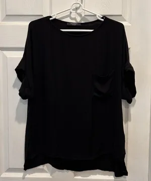 Solemio Womens Black Rayon Short Sleeve Pocket Tee High Low Top S Lagenlook‎ thumbnail 1