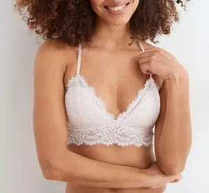 Aerie Eyelash Lace Bralette Womens L‎ Ivory Racerback Wireless Padded Sexy thumbnail 1