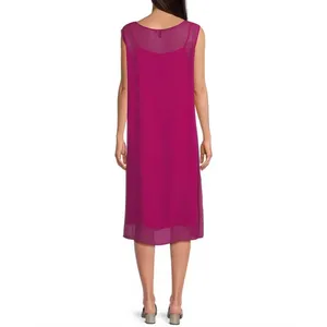 Eileen Fisher Sheer Silk Georgette Boat Neck Sleeveless Midi Dress Sangria L NWT thumbnail 2