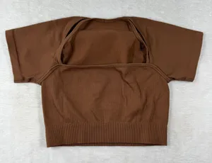 Peachy Bunz Brown Ribbed Seamless Square Neck Crop Top‎ Workout Shirt M thumbnail 1